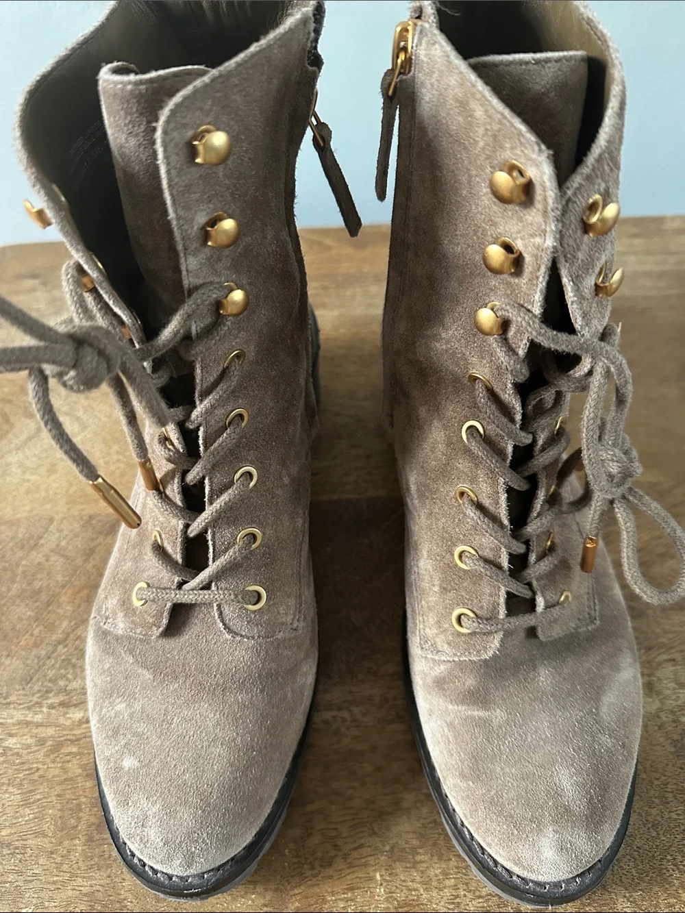 Tory Burch Taupe Suede Lace-Up Combat Boots with Gold Hardware